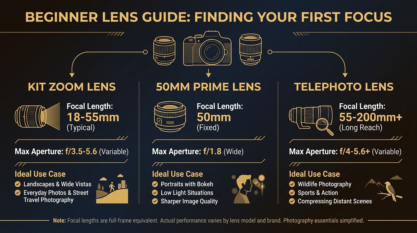 Infographic comparing three beginner lens types: kit zoom, 50mm prime, and telephoto lens — showing typical focal length, max aperture, and ideal use case for each