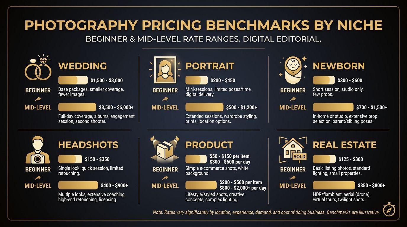 Photography pricing benchmarks by niche chart showing beginner and mid-level rate ranges for wedding, portrait, newborn, headshots, product, and real estate photography