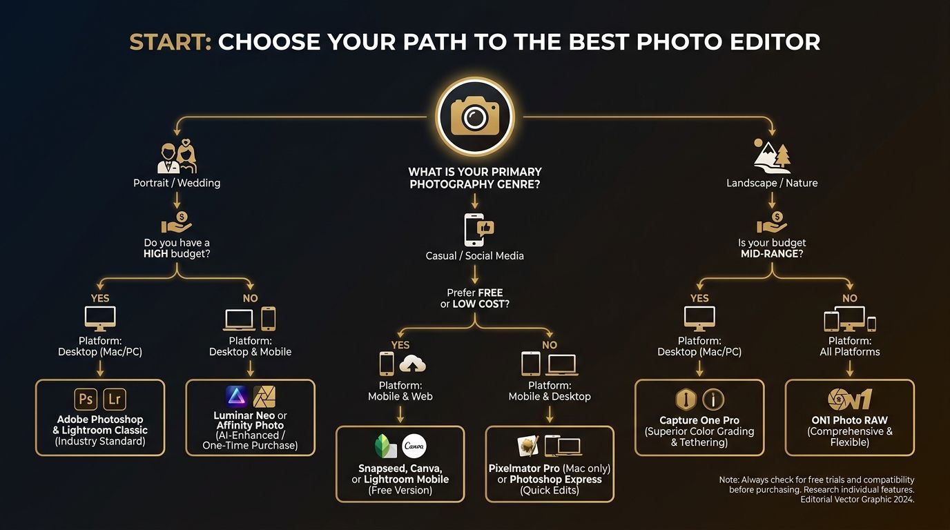 Decision tree infographic guiding photographers to the best photo editing software based on genre, budget, and platform