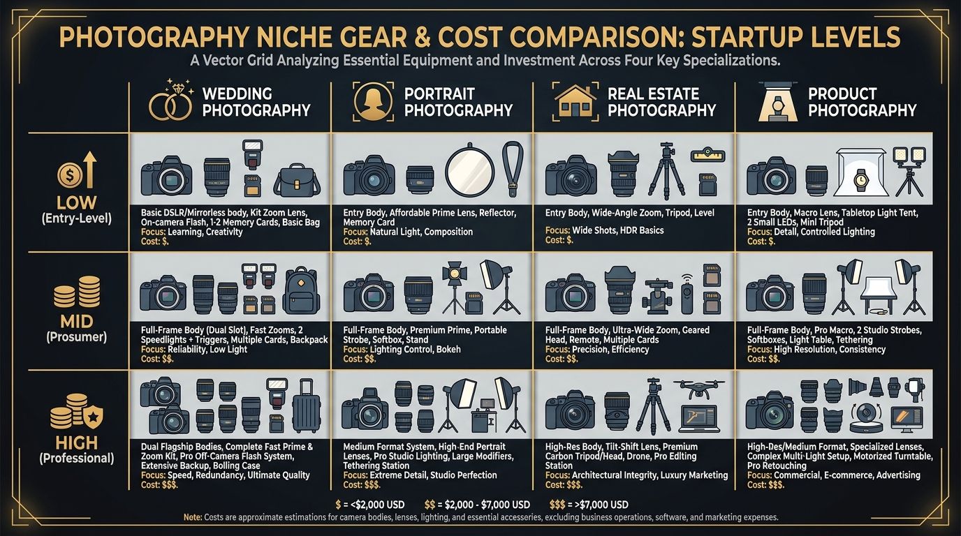 Illustrated grid comparing startup gear and cost levels for wedding, portrait, real estate, and product photography niches