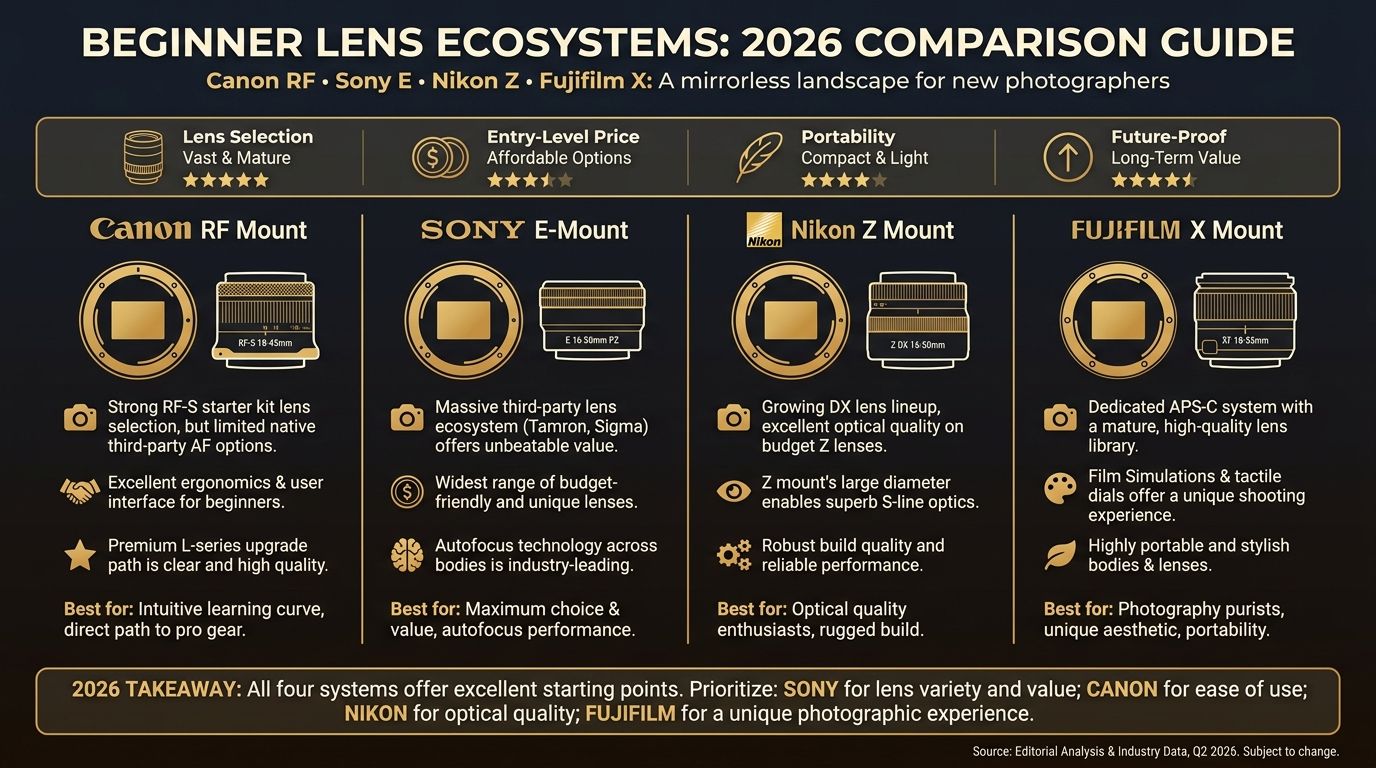 Infographic comparing Canon RF, Sony E, Nikon Z, and Fujifilm X lens ecosystems for beginner photographers in 2026
