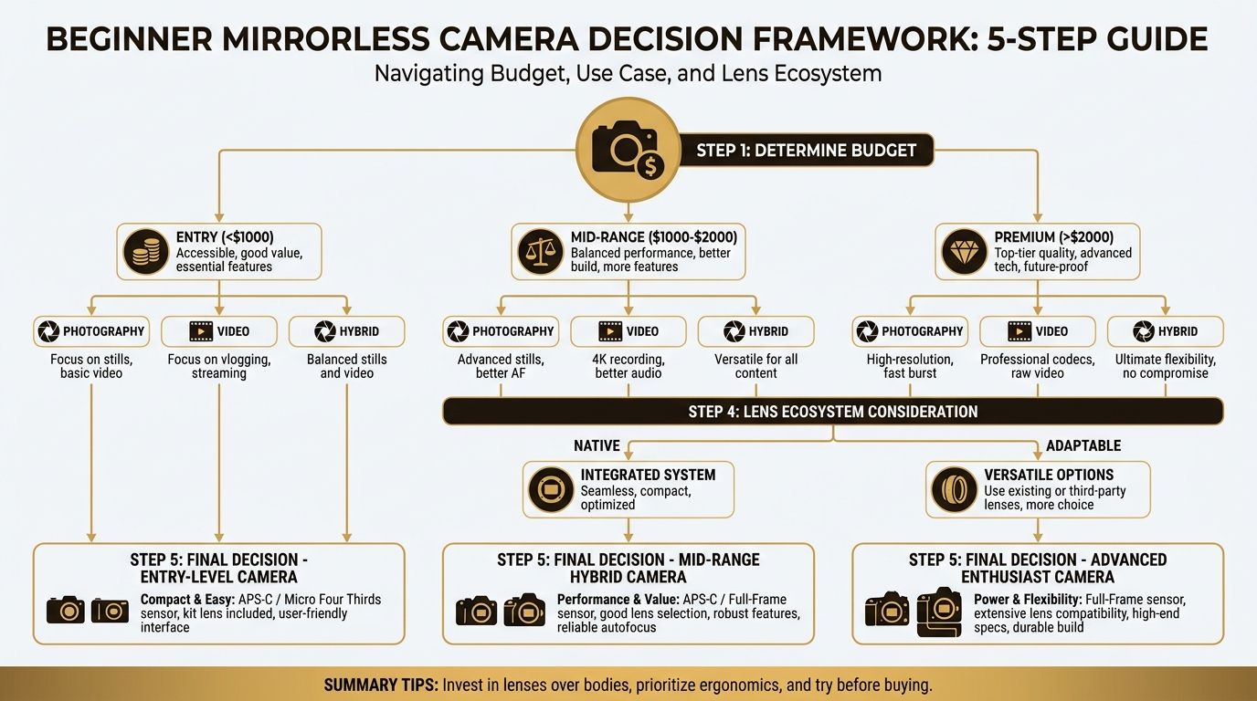 Flowchart infographic showing a 5-step decision framework for choosing a beginner mirrorless camera by budget, use case, and lens ecosystem
