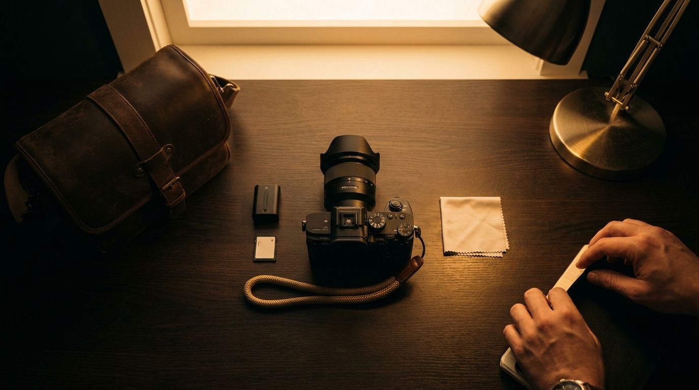 Flat lay of a beginner mirrorless camera starter kit including camera body with kit lens, extra battery, SD card, wrist strap, and camera bag