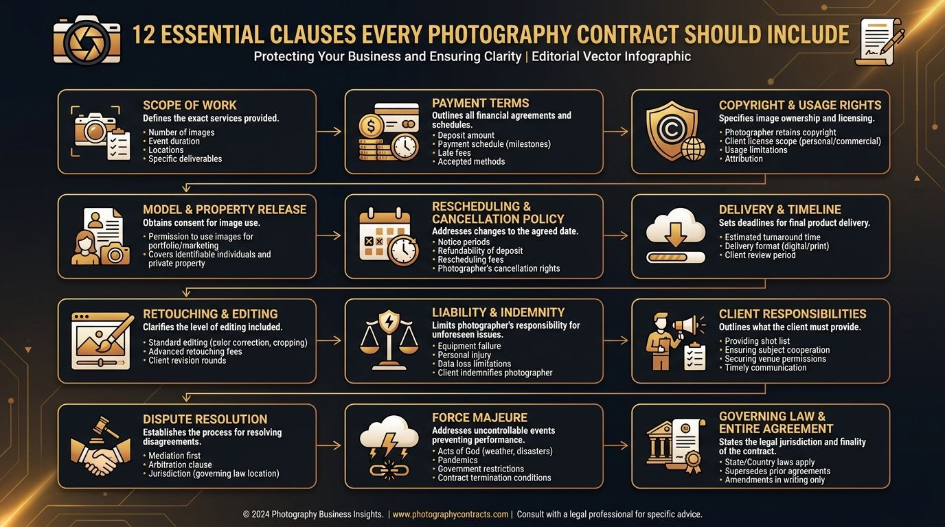 Infographic showing 12 essential clauses every photography contract should include