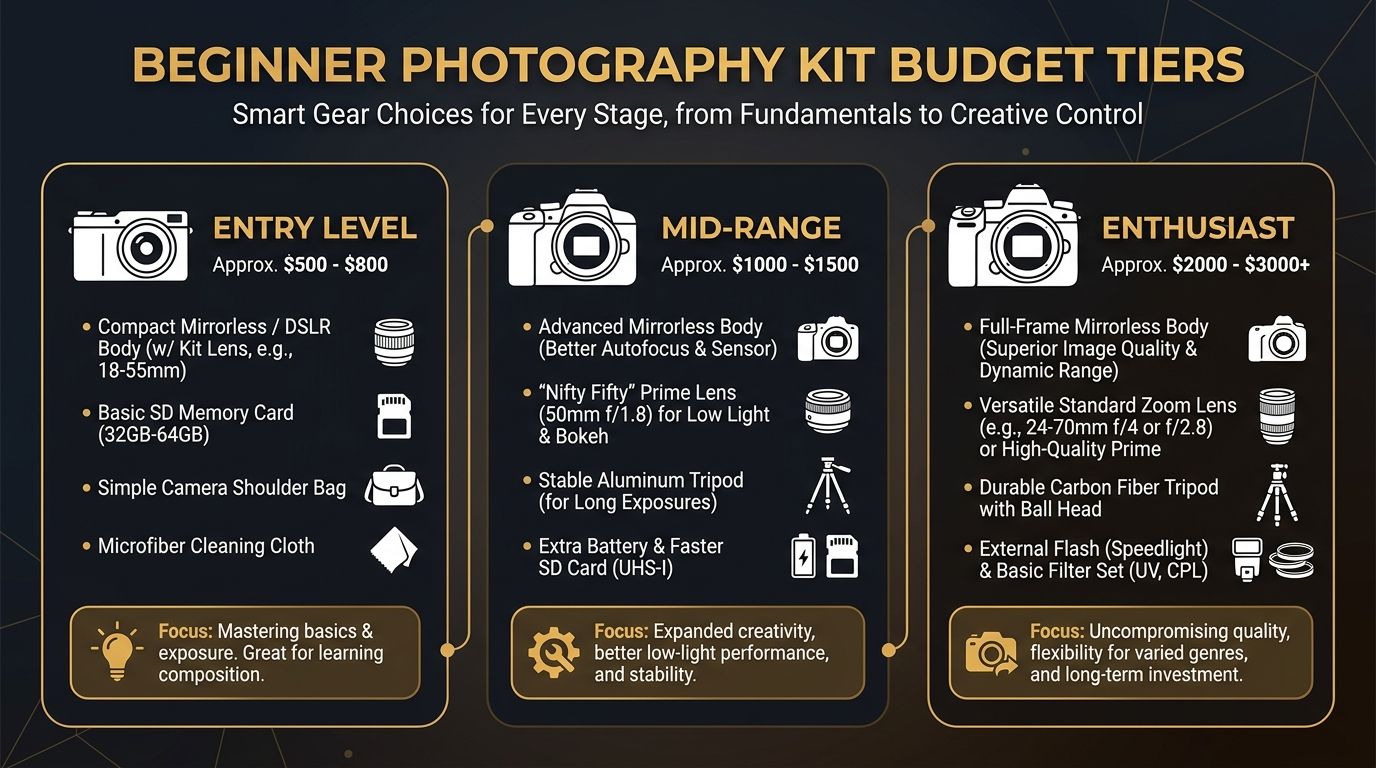 Infographic showing three beginner photography kit budget tiers — Entry, Mid, and Enthusiast — with included gear items at each level