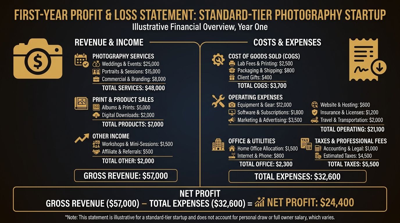 Illustrative first-year profit and loss statement for a standard-tier photography business startup