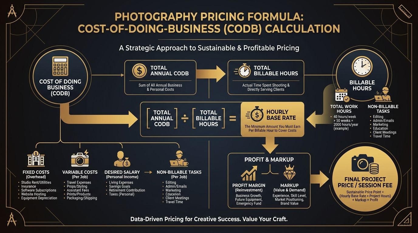 Photography pricing formula diagram showing cost-of-doing-business calculation