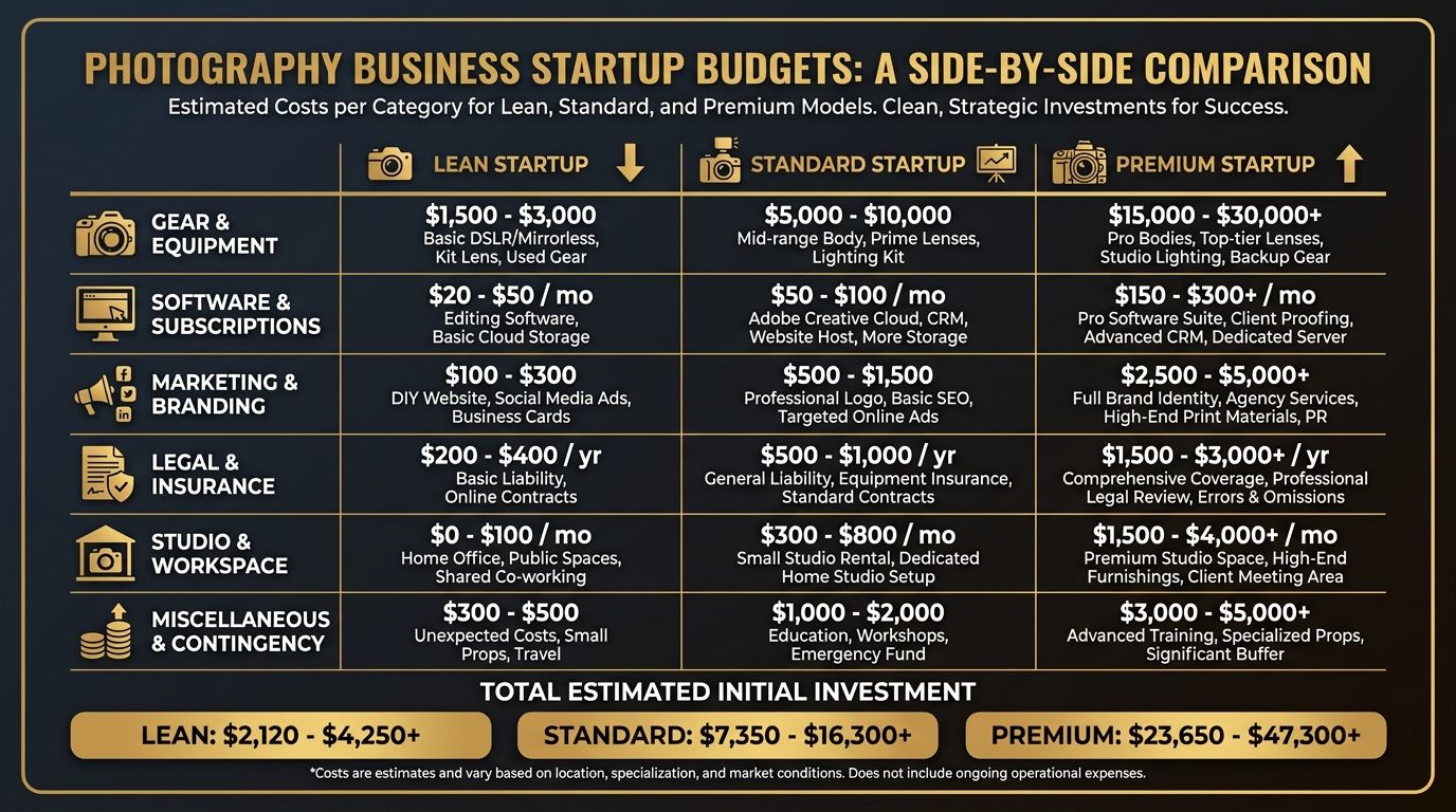 Side-by-side comparison table of lean, standard, and premium photography business startup budgets with cost per category