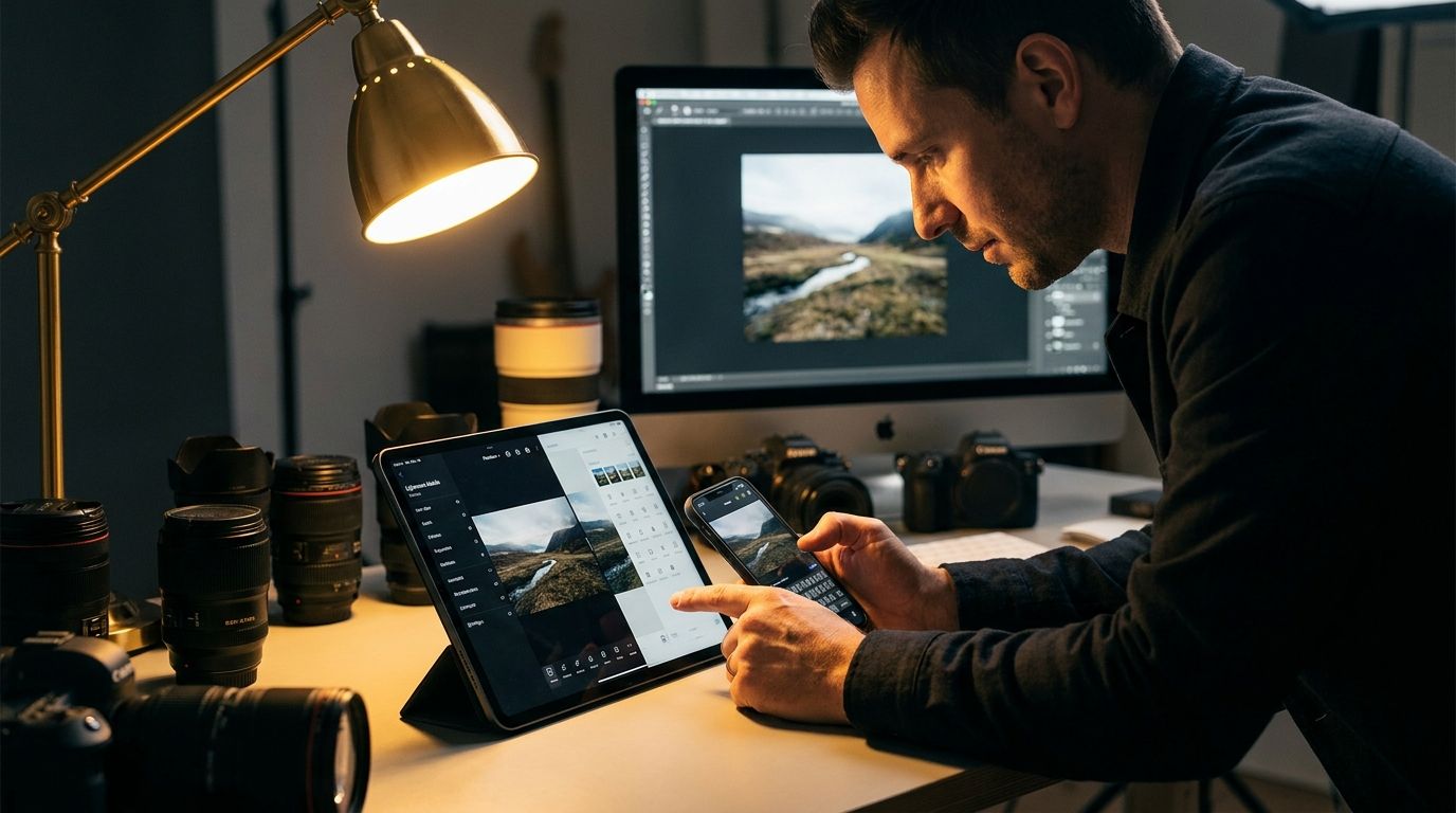 iPhone and iPad side by side displaying Lightroom Mobile, Photomator, and Snapseed photo editing interfaces