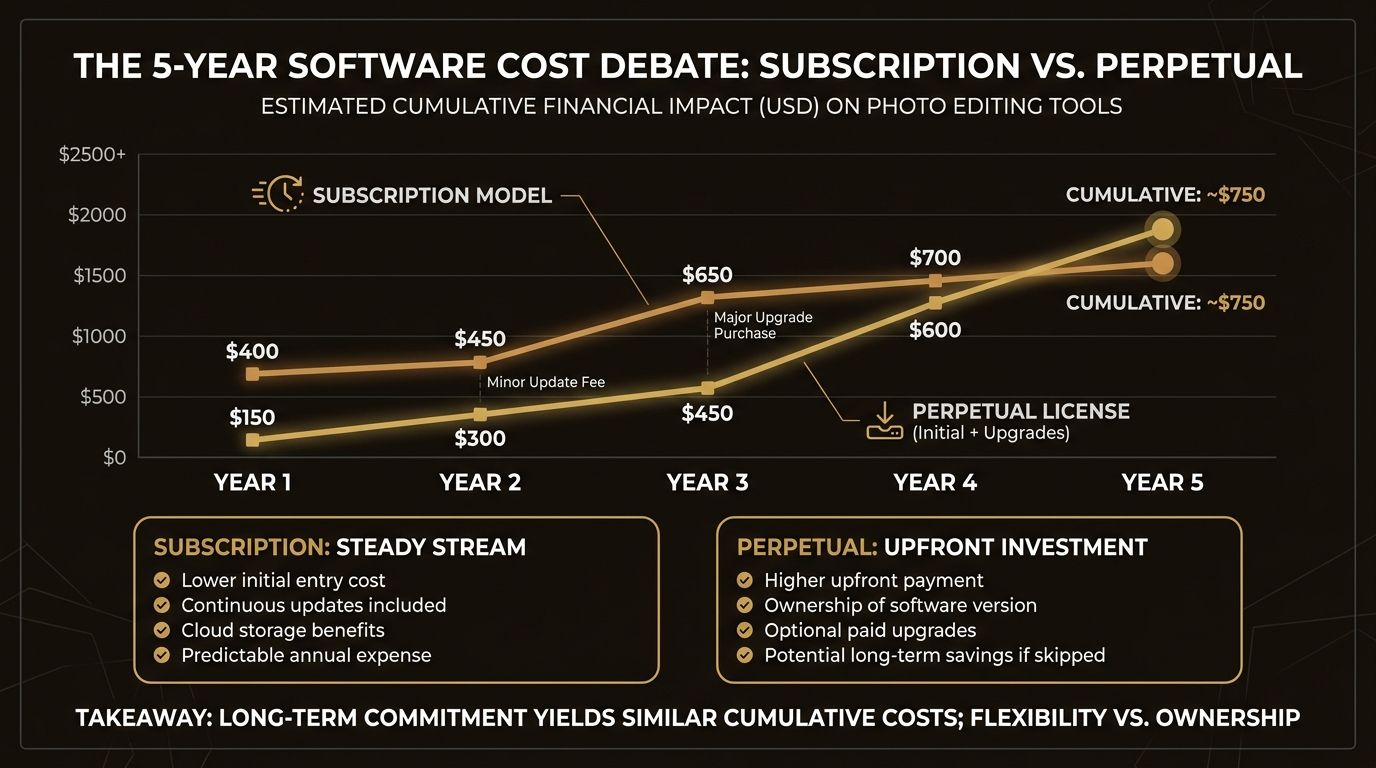 Line chart comparing the estimated 5-year cumulative cost of subscription versus perpetual photo editing software licenses