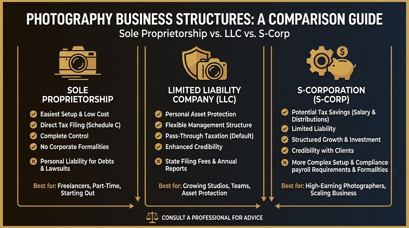 Comparison chart of sole proprietorship vs LLC vs S-Corp for photographers