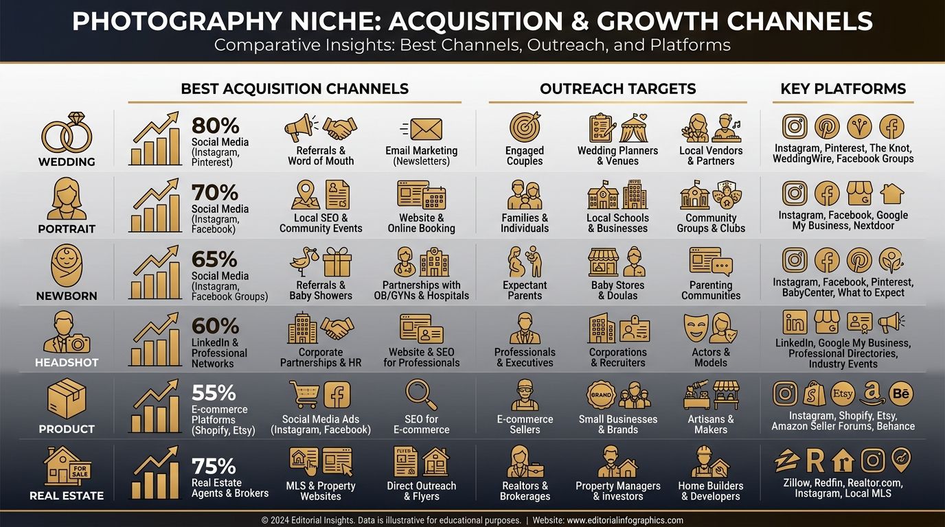 Photography niche comparison infographic showing best acquisition channels, outreach targets, and key platforms for wedding, portrait, newborn, headshot, product, and real estate photographers