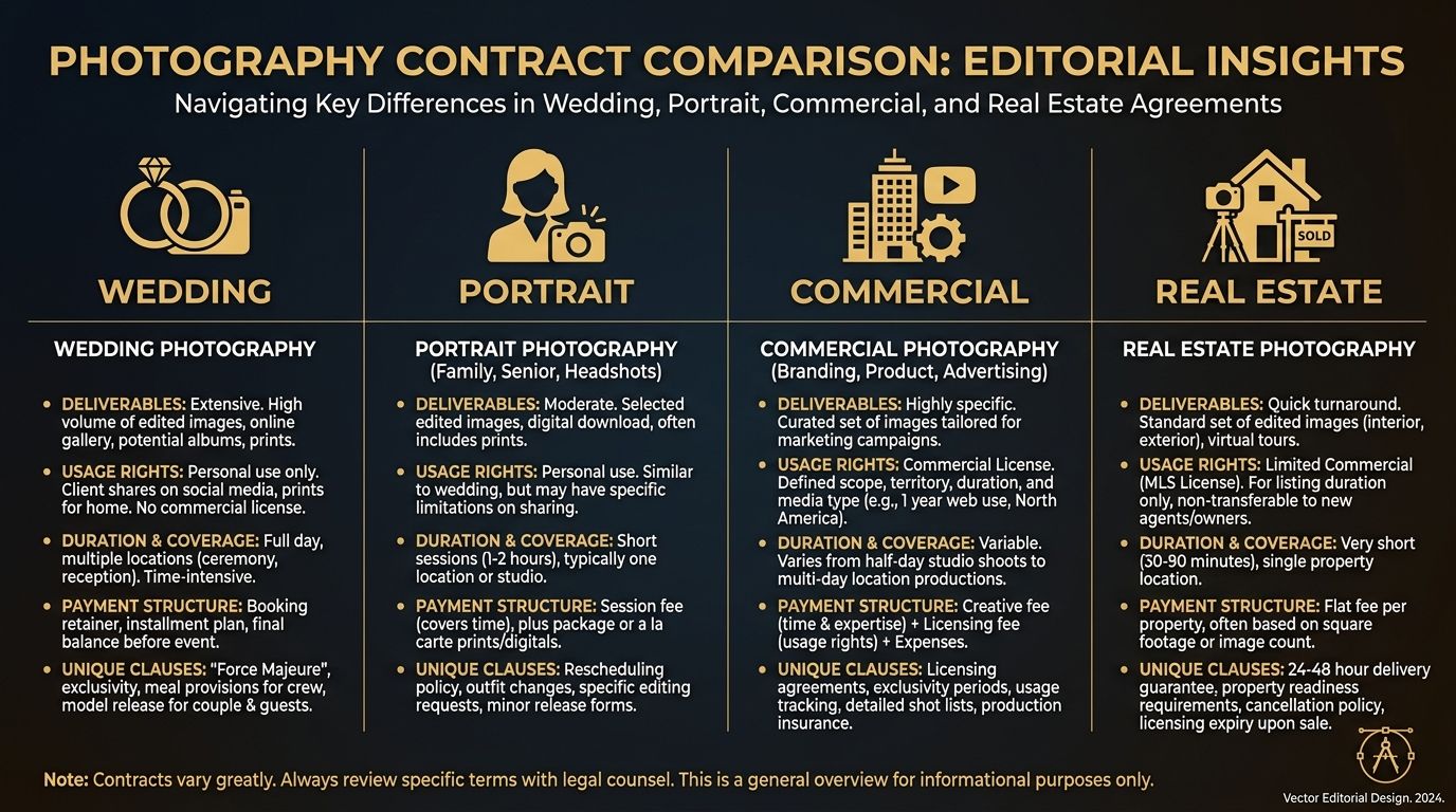 Comparison illustration showing differences between wedding, portrait, commercial, and real estate photography contracts