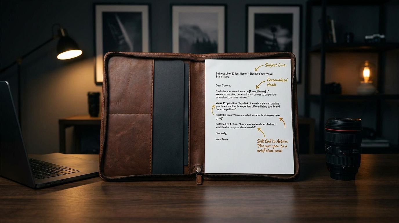 Annotated email pitch template for photographers showing subject line, personalized hook, value proposition, portfolio link, and soft call to action