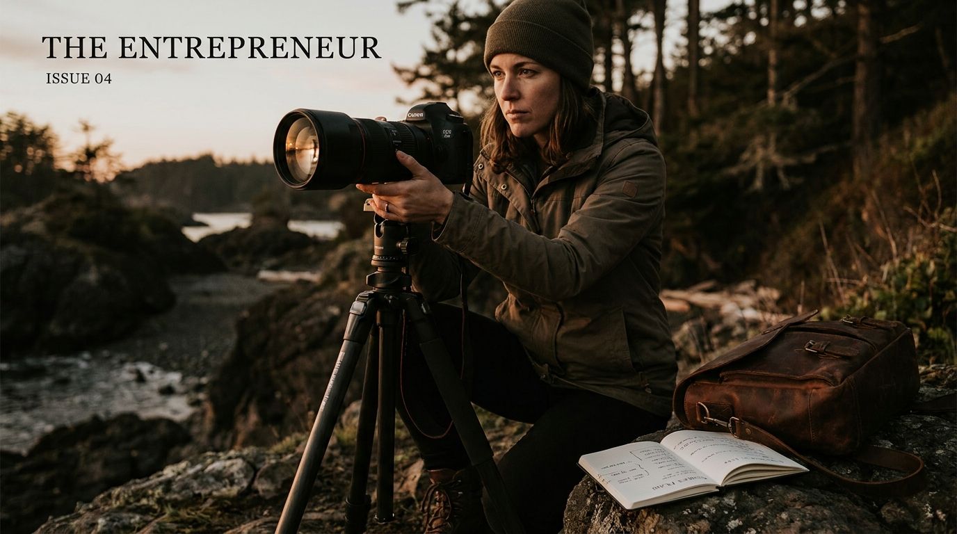 Beginner photographer setting up a camera on a tripod outdoors to start a photography business