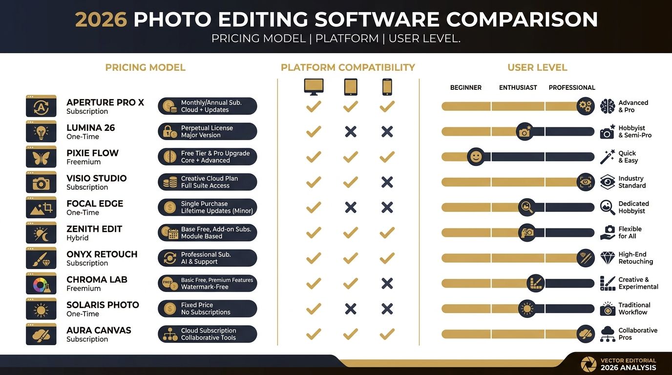 Infographic comparing 10 photo editing software tools in 2026 by pricing model, platform, and user level