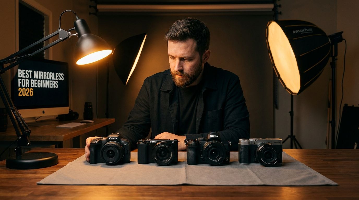 Lineup of the best mirrorless cameras for beginners in 2026 including Canon EOS R50, Sony ZV-E10 II, Nikon Z50 II, and Fujifilm X-M5 on a neutral background