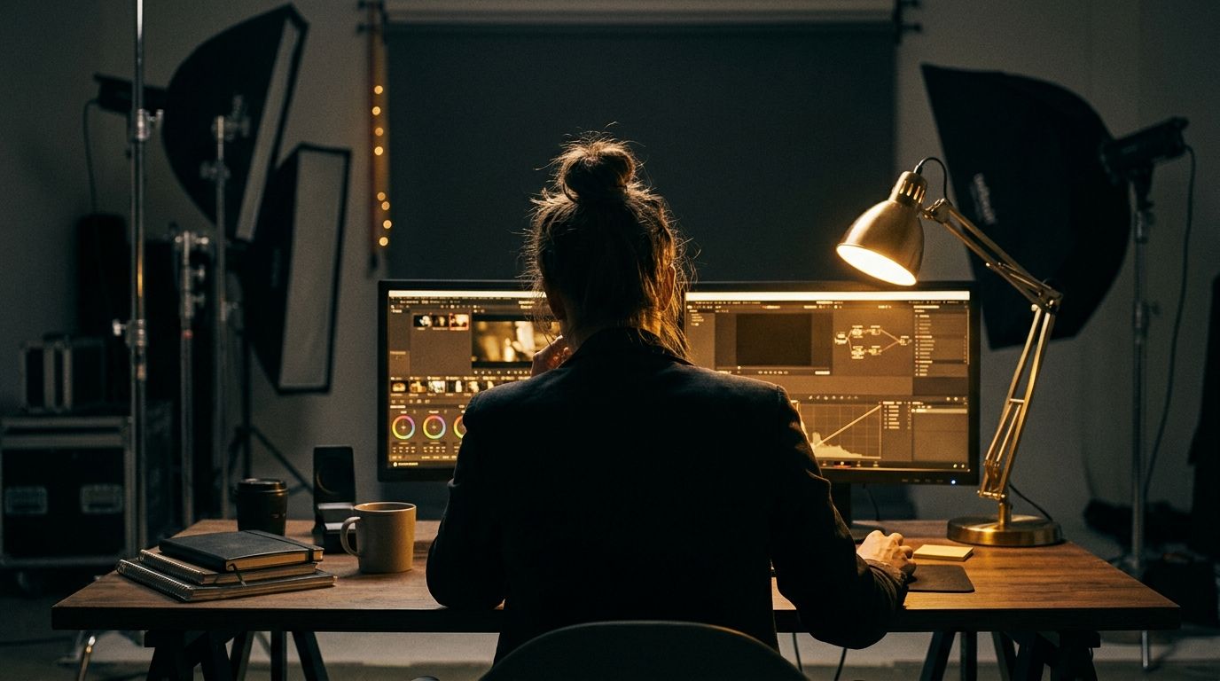 Working photographer at editing desk reviewing a tethered shoot in a dim studio