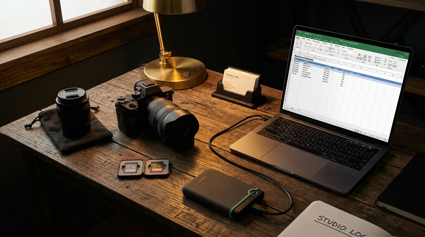Flat-lay photograph of essential photography business starter gear including mirrorless camera, two lenses, memory cards, hard drive, and laptop
