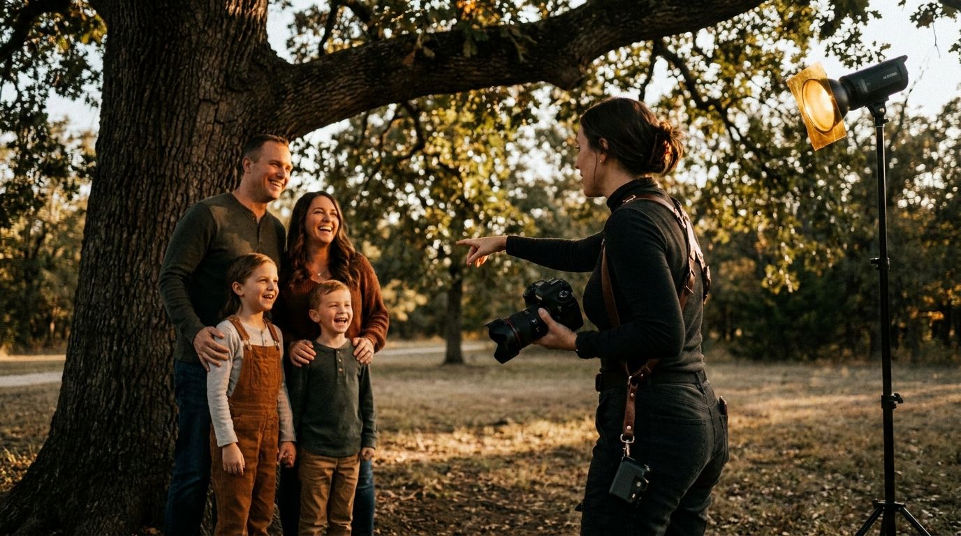 Photographer working with a family during an outdoor portrait session to illustrate client acquisition
