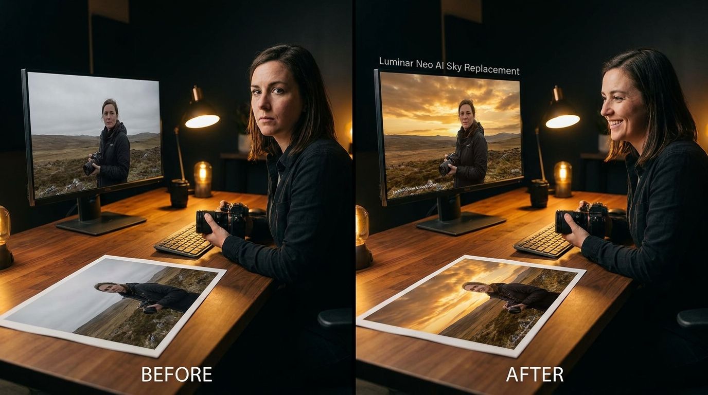 Before and after comparison showing Luminar Neo AI sky replacement applied to a landscape photograph