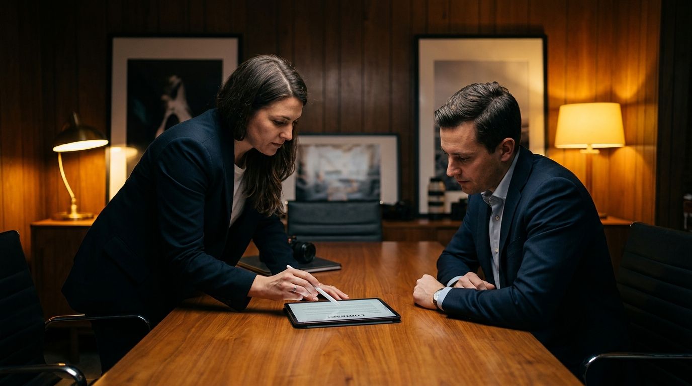 Photographer and client reviewing and signing a photography contract on a tablet at a meeting table