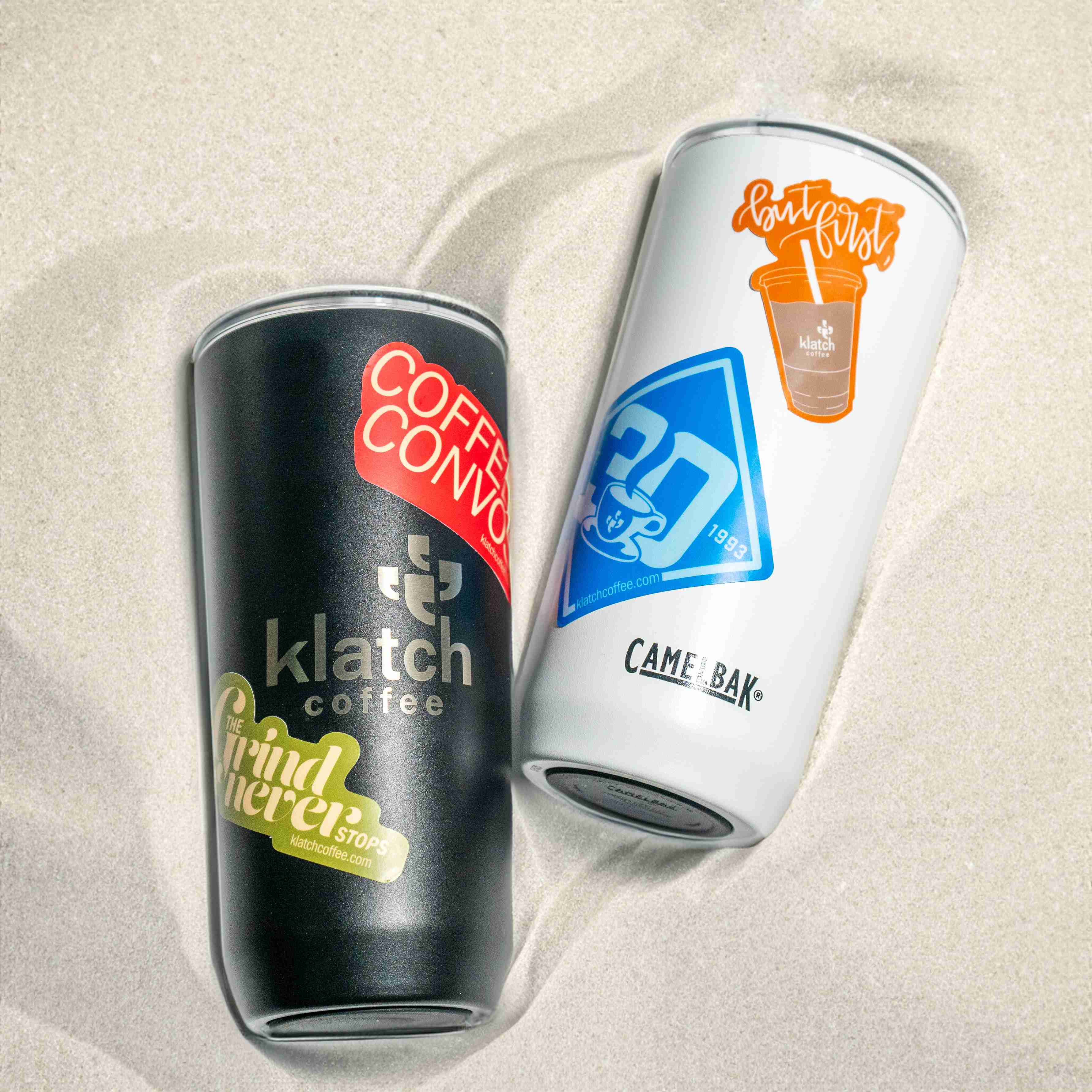 Klatch Stickers on two Klatch Tumblers