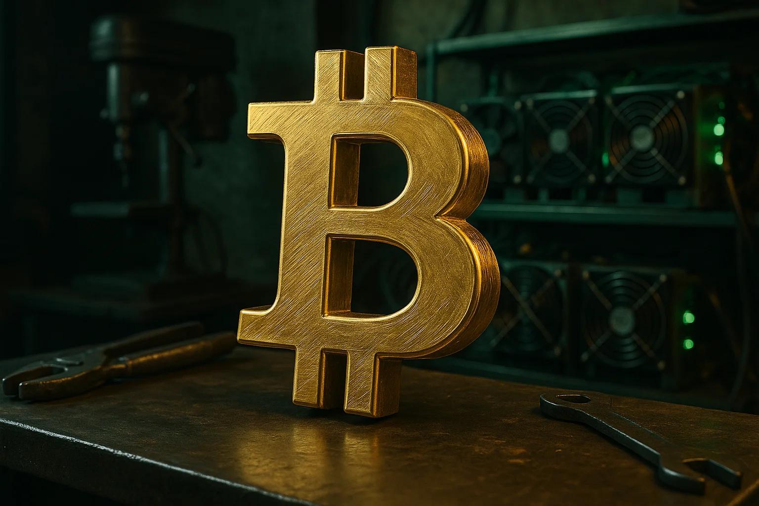 Golden Bitcoin symbol on a workbench