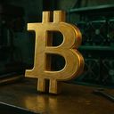 Golden Bitcoin symbol on a workbench