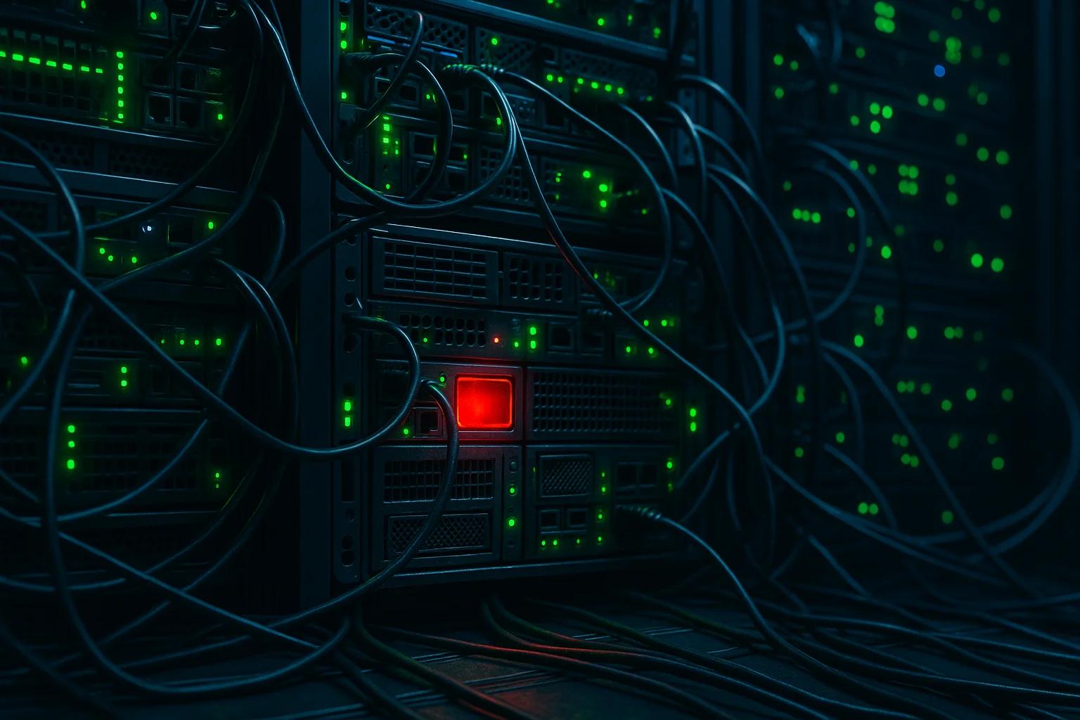 Rows of server racks with green lights and
