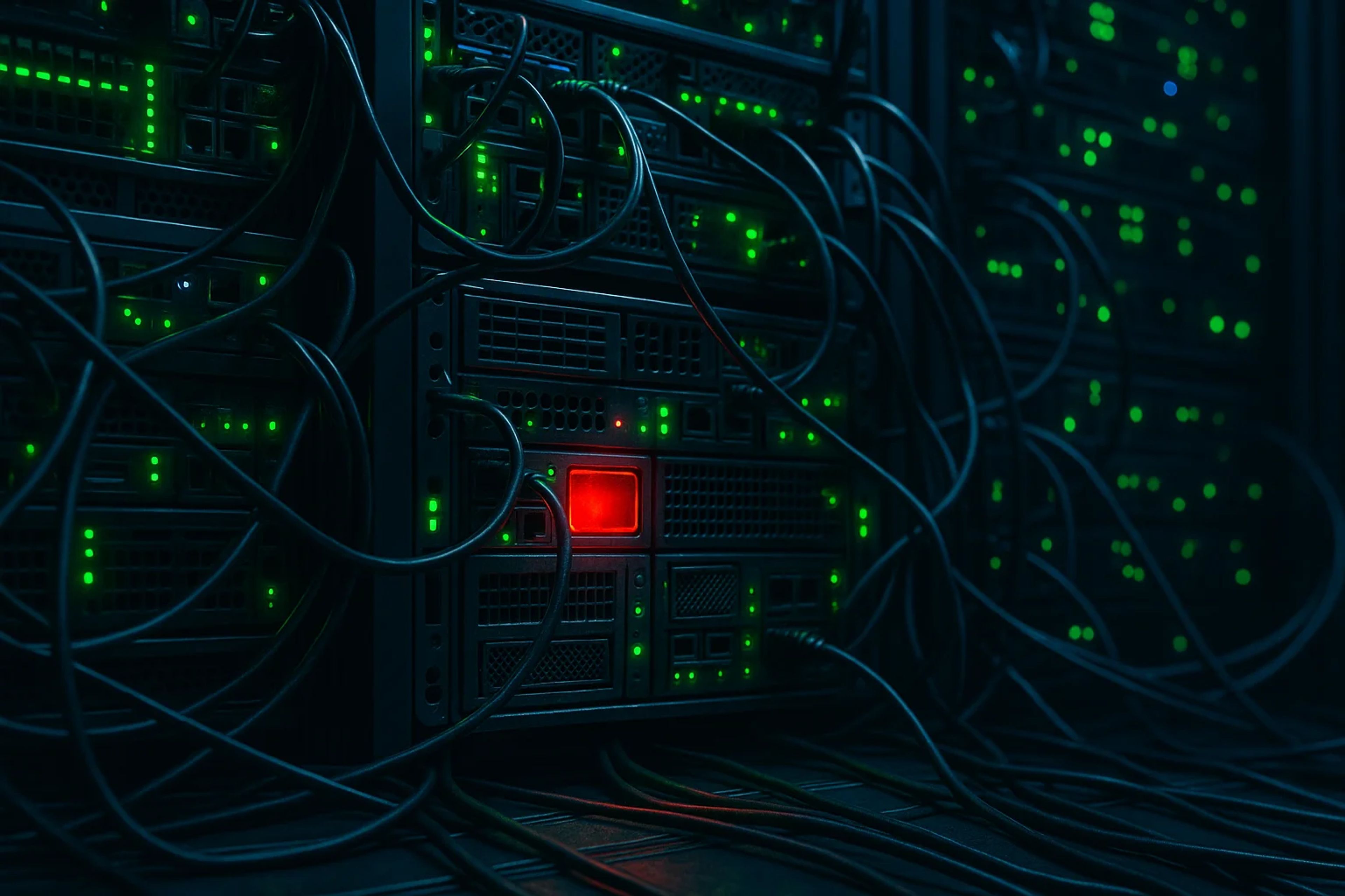 Rows of server racks with green lights and