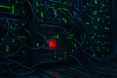 Rows of server racks with green lights and