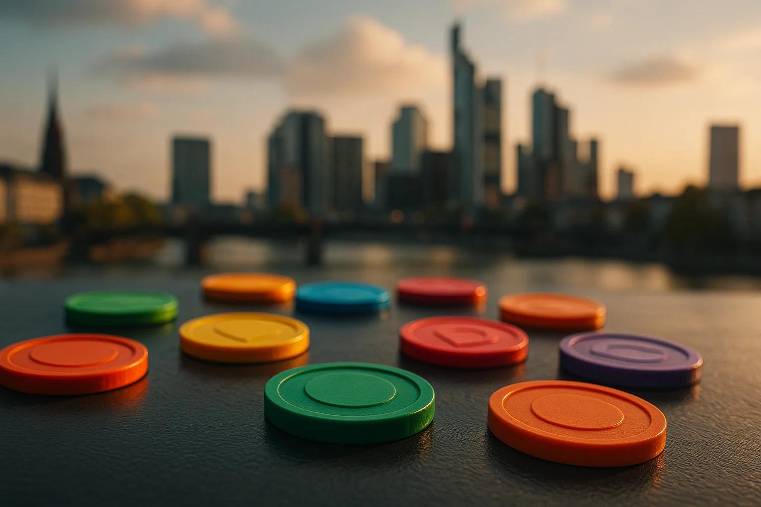 Colorful tokens scattered on a surface with a