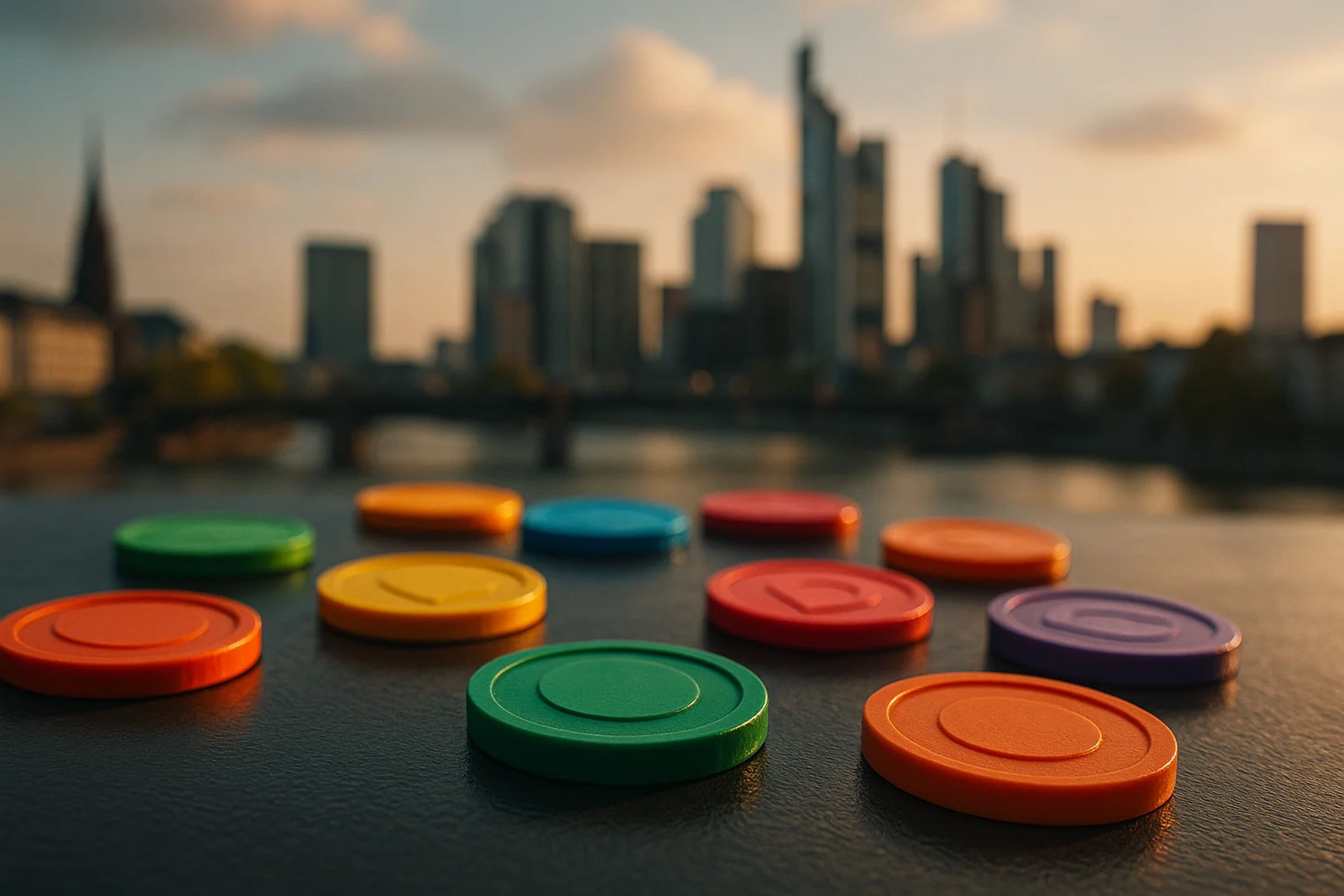 Colorful tokens scattered on a surface with a