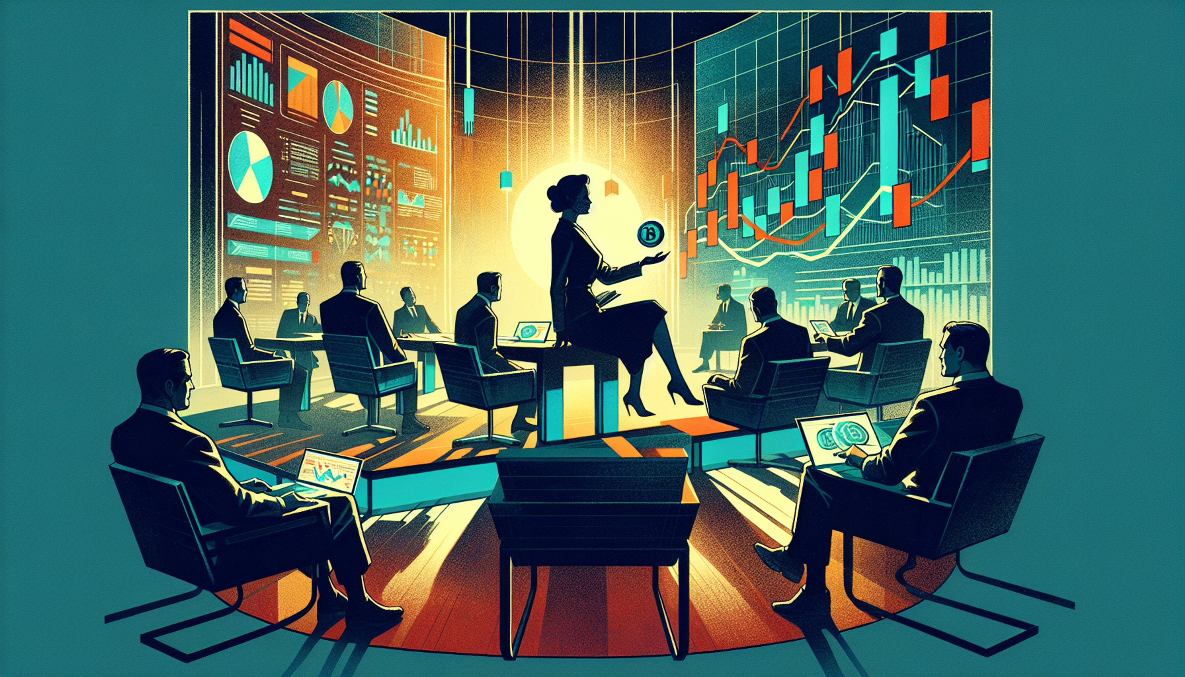 Silhouetted figures in a business meeting with