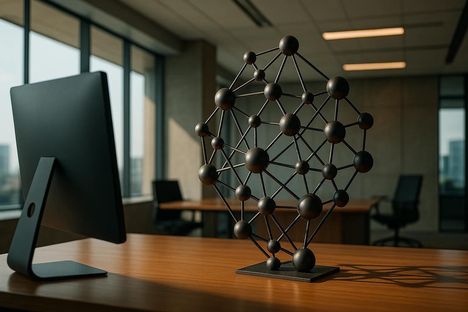 A geometric sculpture on a wooden desk in an