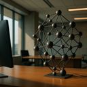 A geometric sculpture on a wooden desk in an