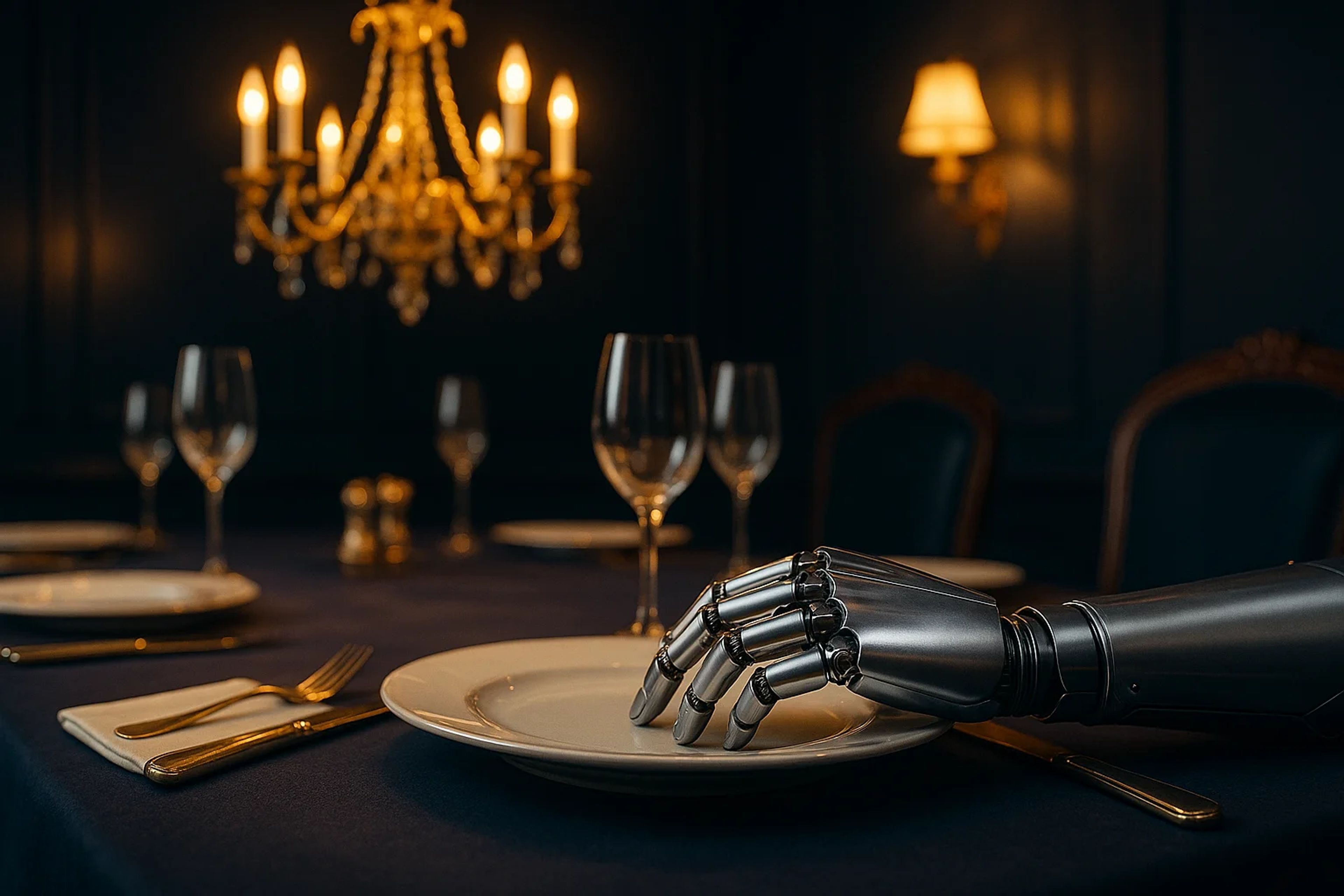 A robotic hand rests on a plate at a formal