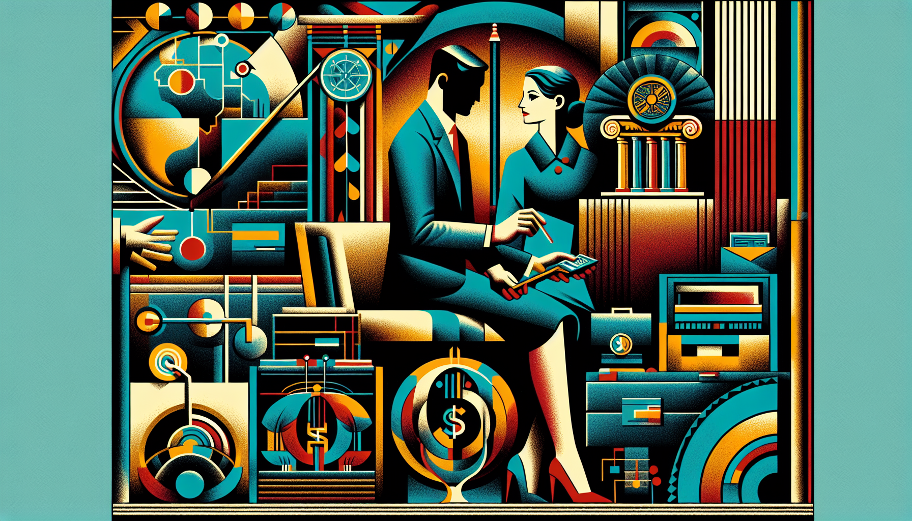 Stylized illustration of a couple sitting