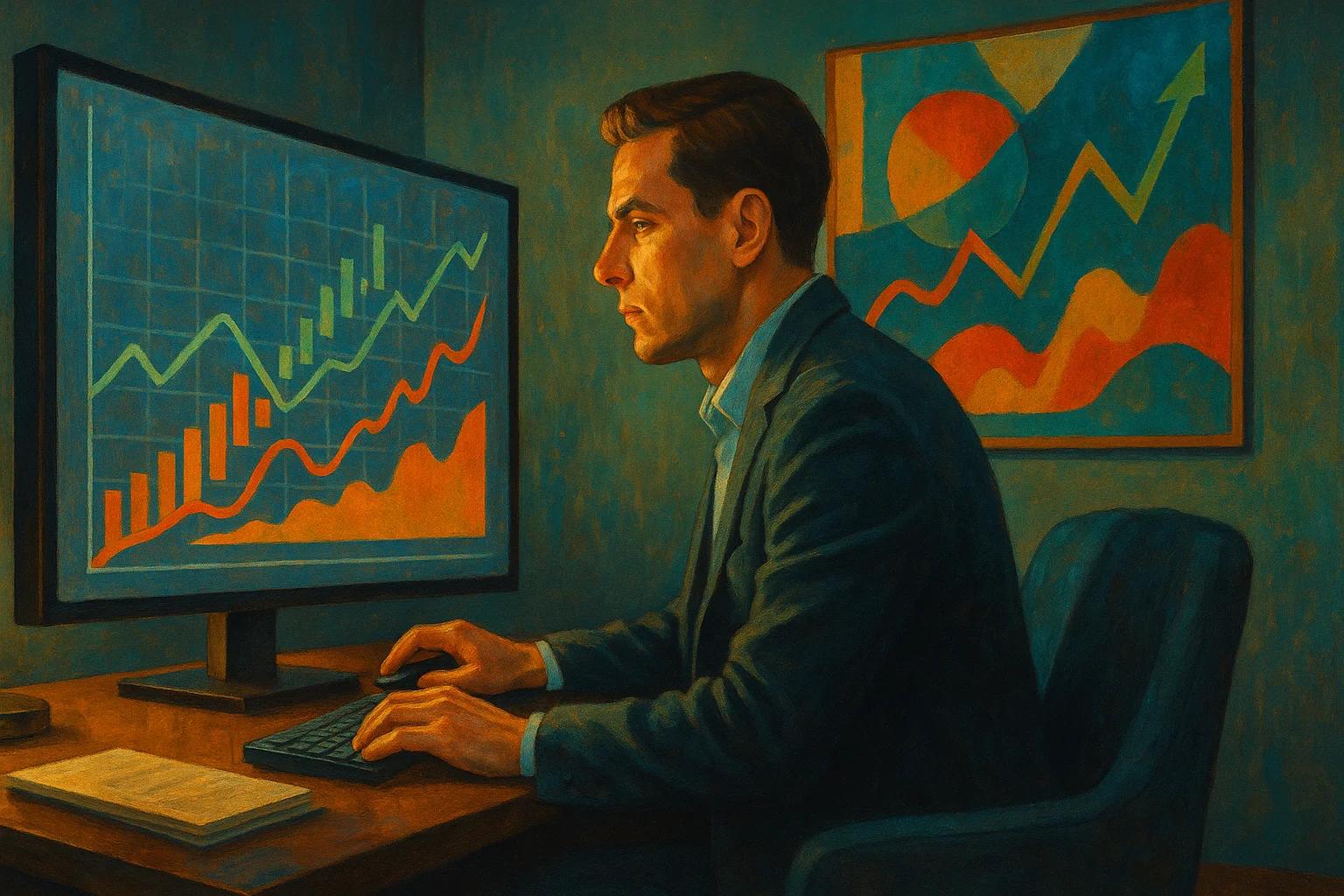 A man working at a desk, focused on a computer