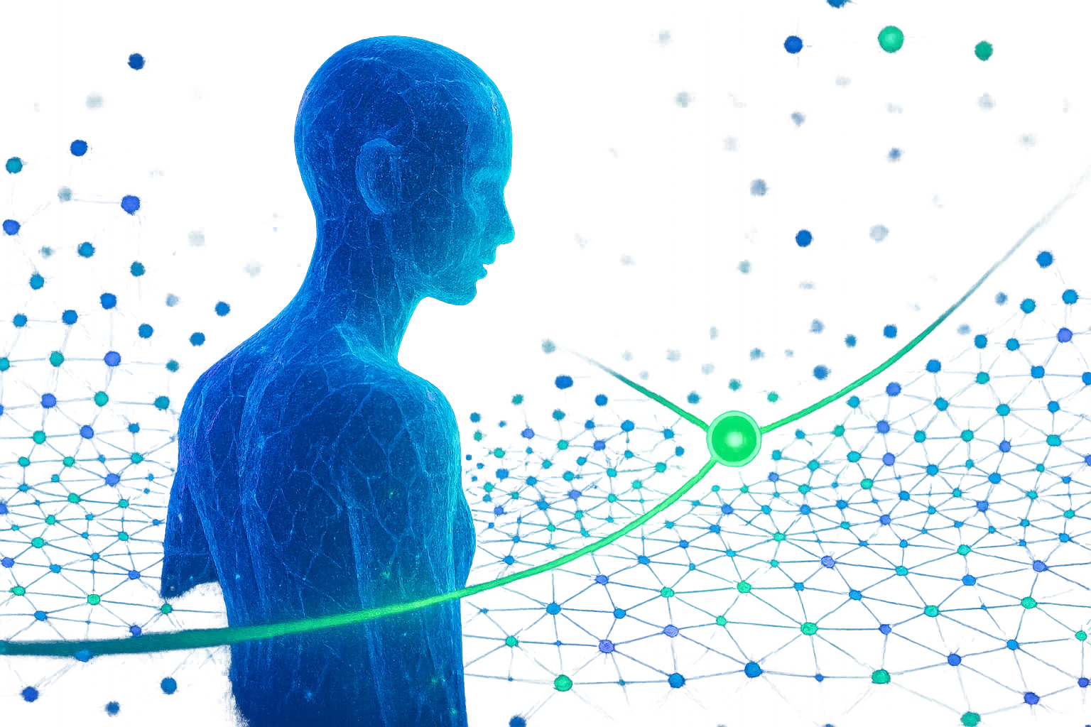 A translucent, glowing figure with a network-like