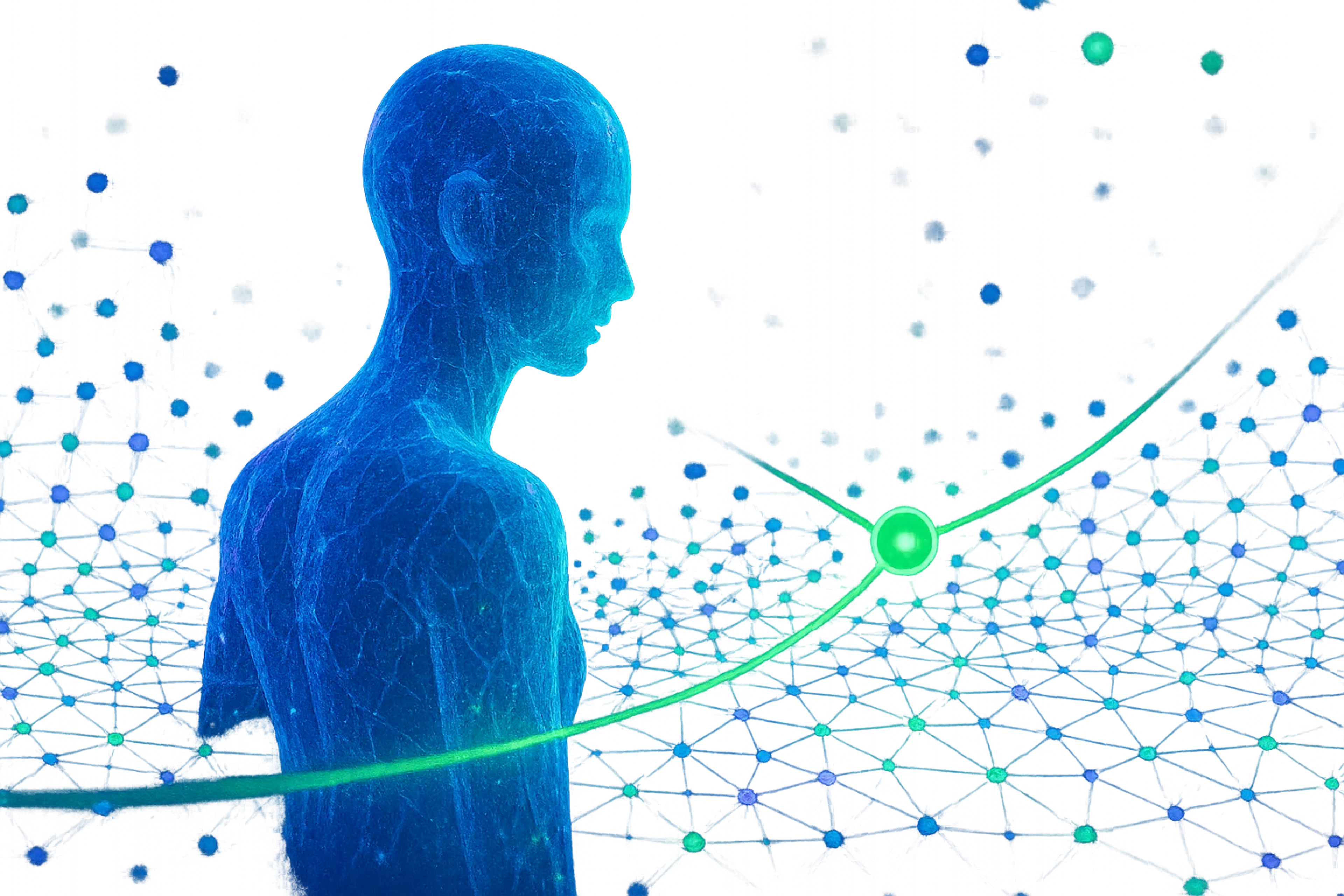 A translucent, glowing figure with a network-like