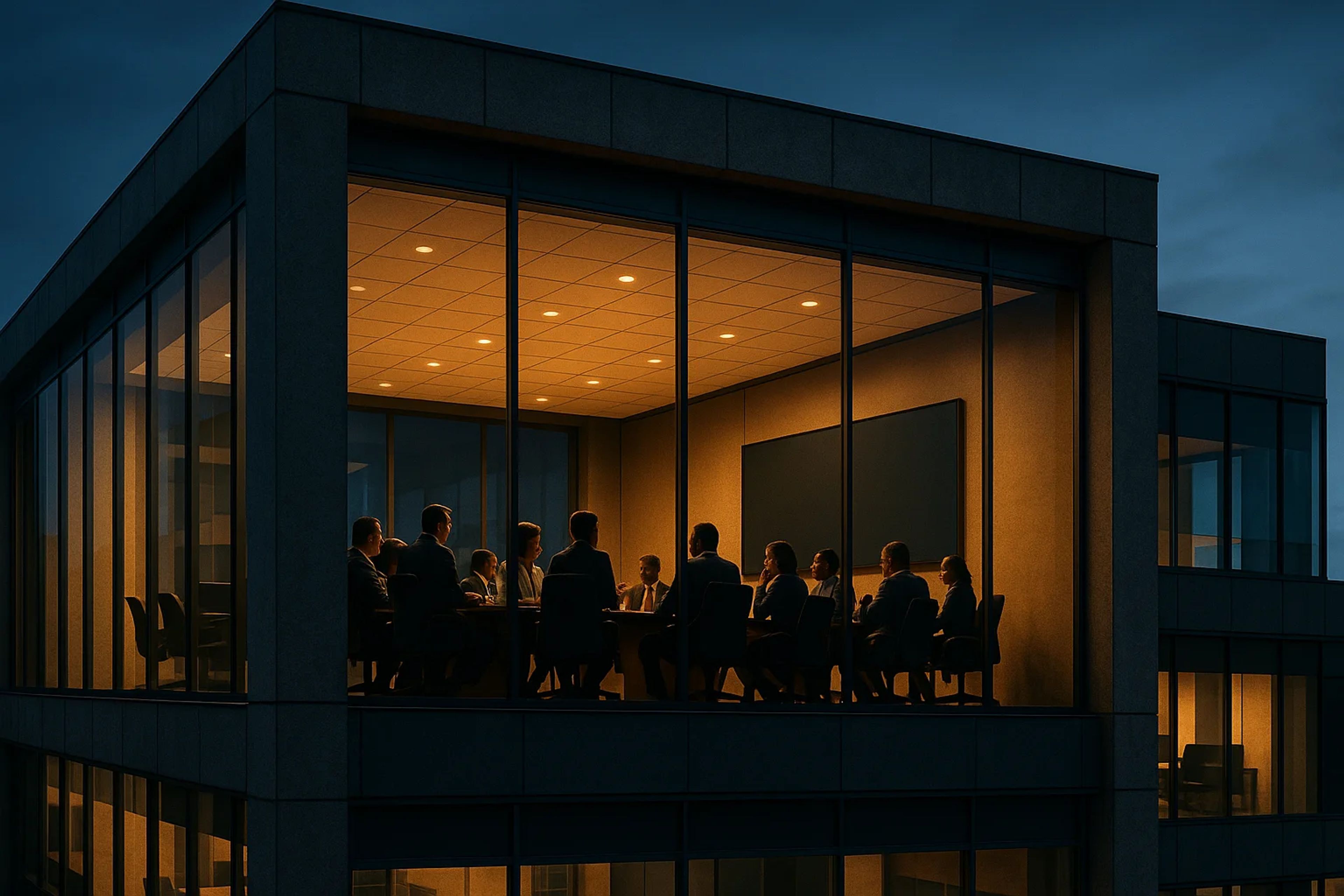 A conference room illuminated at dusk, filled