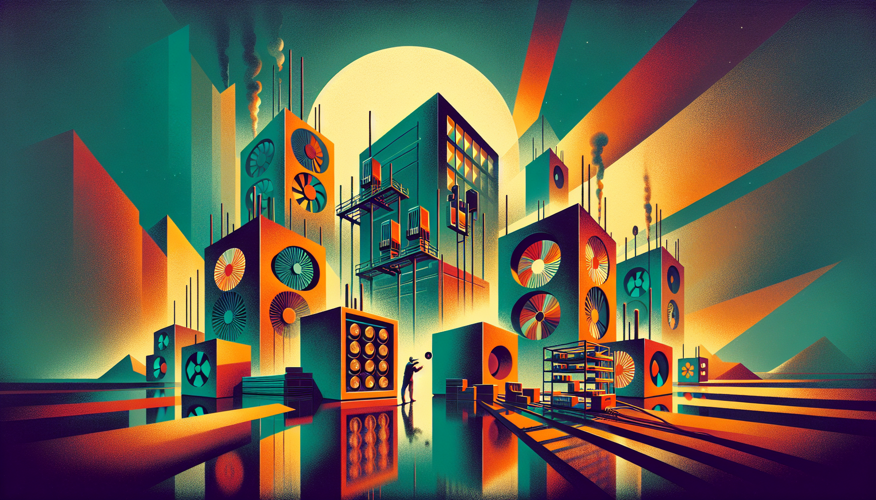 Futuristic cityscape with stylized buildings and