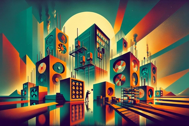 Futuristic cityscape with stylized buildings and