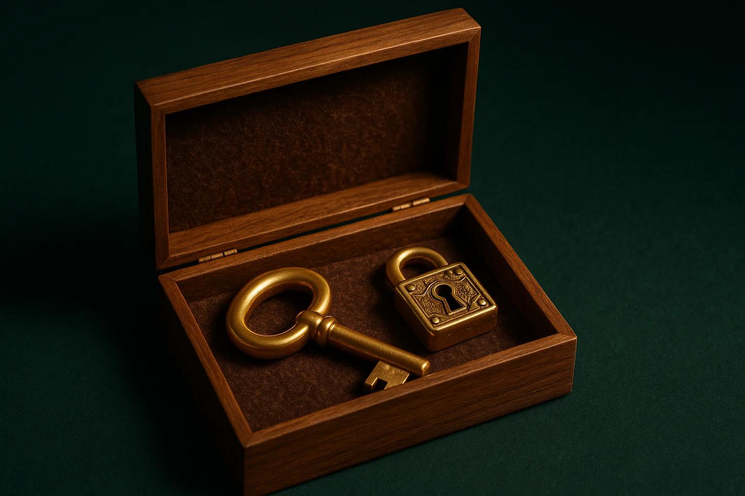 A golden key and lock inside a wooden box