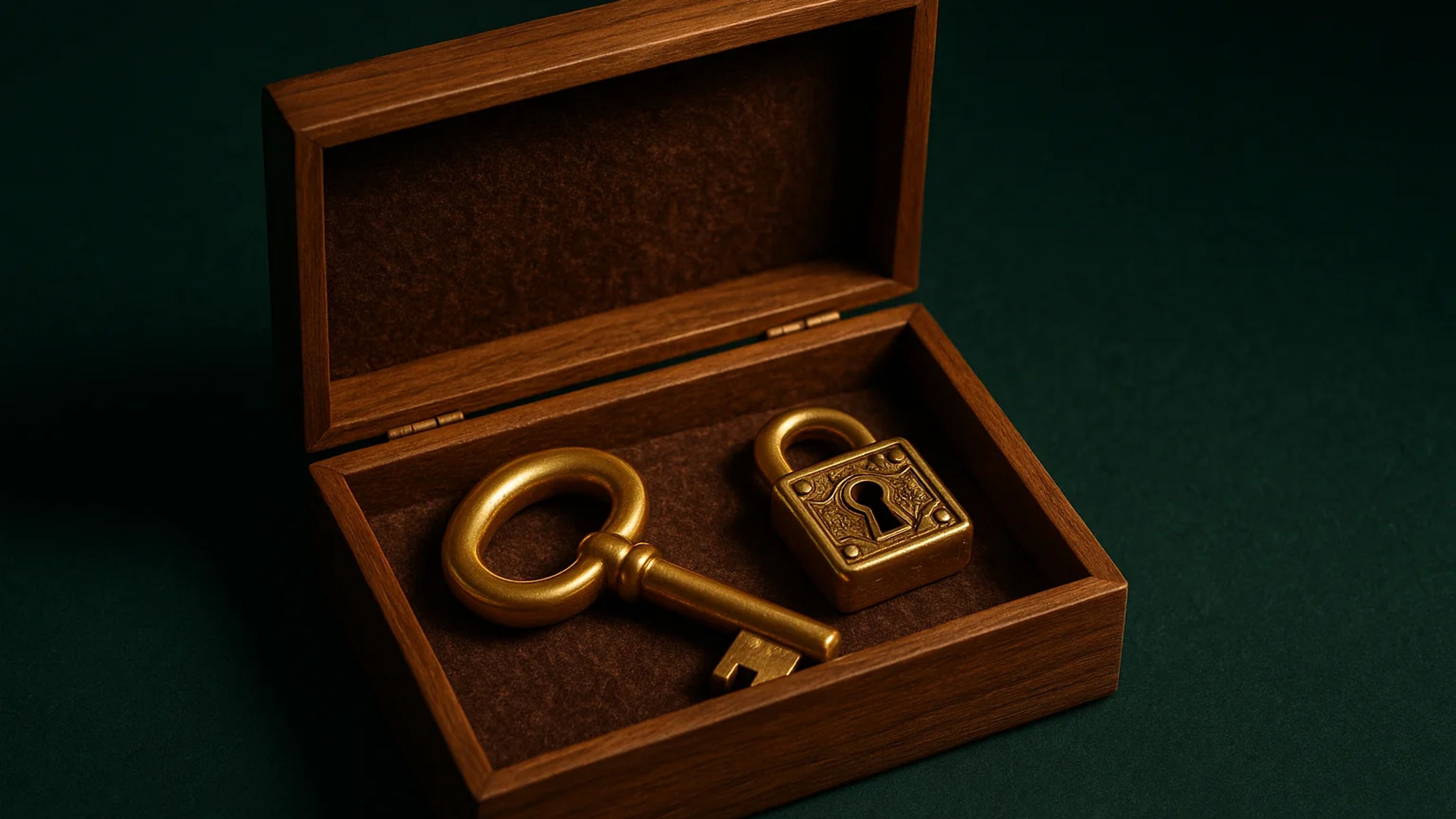 A golden key and lock inside a wooden box