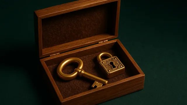 A golden key and lock inside a wooden box