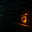 A glowing orange fan on a shelf in a dimly lit