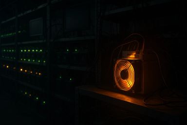 A glowing orange fan on a shelf in a dimly lit
